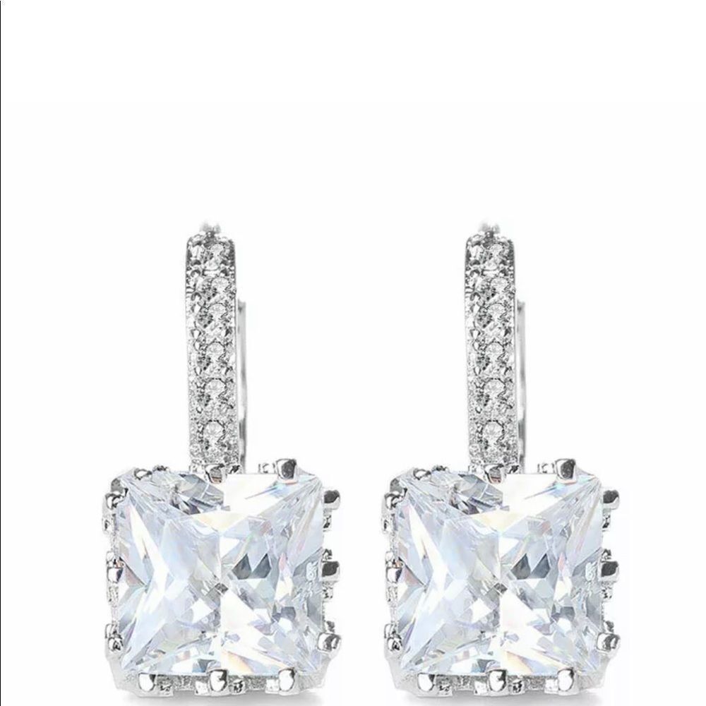 + White Gold Plated  Square Drop CZ Diamond Earrings
